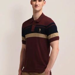 U.S.Polo Assn. Maroon Cotton Slim Fit Striped Polo T-Shirt-image-23