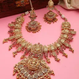 NVR Gold Plated Pink Stone Studded Lakshmi Temple Jewellery Set-picture-10