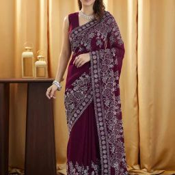 Satrani Wine Georgette Embellished Saree With Unstitched Blouse-image-2