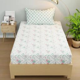 KOPA White & Green Microfibre Floral 192 TC Single Bedsheet with 1 Pillow Cover-image-74