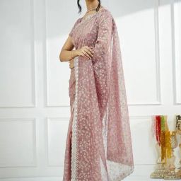 Satrani Pink Net Embroidered Saree With Unstitched Blouse-20