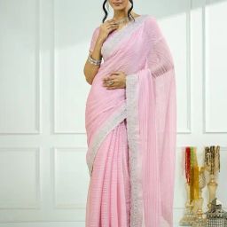 Satrani Pink Chiffon Embroidered Saree With Unstitched Blouse-image-29