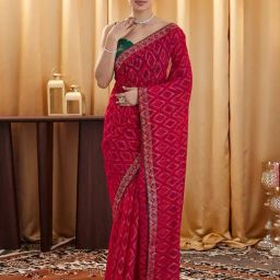 Satrani Pink Georgette Printed Saree With Unstitched Blouse-image-65