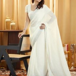 Satrani White Chiffon Embroidered Saree With Unstitched Blouse-image-7