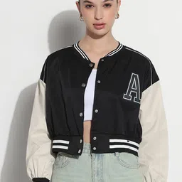 SHOWOFF Women Stand Collar Brand Logo Casual Varsity Jacket-image-85