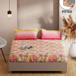 Bianca Bio-soft Feel Beige & Pink Fabric 152 TC 135 GSM Double Fitted Bedsheet With 2 Pillow Covers-image-44