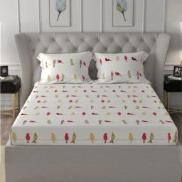 Urban Space Cotton Humming Bird Red 144 TC Red King Fitted Bed Sheet with 2 Pillow Covers-image-21