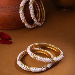 NVR Gold Plated Traditional Pearls Beaded Bangles for Women Set of 4-12