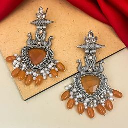 Zeviel Silver-Plated Stones Studded & Beaded Peacock Shaped Oxidized Drop Earrings-32
