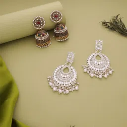 MEIRA JEWELLERY Set Of 2 Silver-Plated Artificial Stones Studded & Beaded Drop Earrings-picture-1