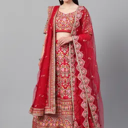 FABPIXEL Embroidered Sequinned Semi-Stitched Lehenga & Unstitched Blouse With 2 Dupattas-picture-58
