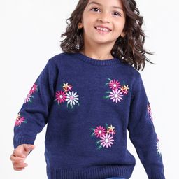 Babyhug Knit Full Sleeves Sweater Floral Design- Navy Blue-image-0