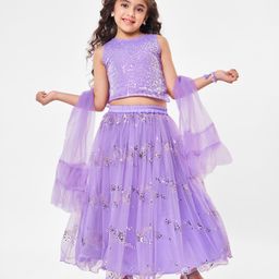 Babyhug Sleeveless Sequined Embroidered Choli with Lehenga and Dupatta- Lavender-image-88