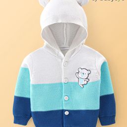 Babyoye 100% Cotton Textured Full Sleeves Front Open Hooded Sweaters with Bear Applique - Blue & White-image-86