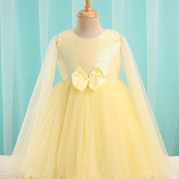 Babyhug Sleeveless Sequinned Yoke Mesh Party Frock With Bow Applique - Yellow-image-54
