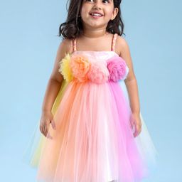 Babyhug Party Wear Sleeveless Dress With Floral Corsage -Multicolour-picture-2