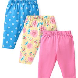 Babyhug Cotton Lycra Three Fourth Length Leggings with Floral & Polka Dots Print  Pack of 3 - Blue Yellow & Pink-image-97