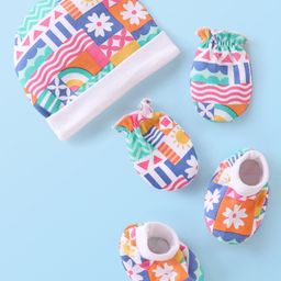Babyhug 100% Cotton Cap Mittens & Booties Floral Printed - Multicolor-picture-18
