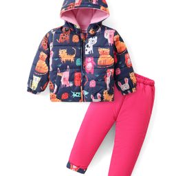 Babyhug Woven Full Sleeves Hooded Puffer Winter Wear Suit With Animals Print - Navy-image-50