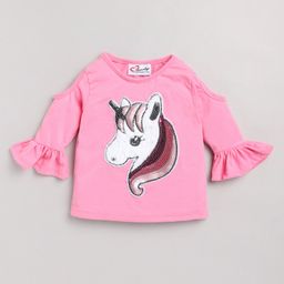 M'andy Three Fourth Sleeves Unicorn Sequin Embellished Top - Pink-image-79