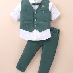 Jash Kids Cotton Woven Ribbed Full Sleeves 3 Piece Party Suit - Green-image-113