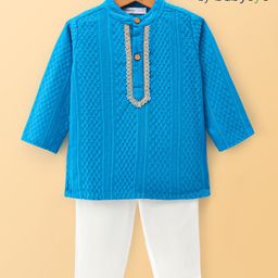 Babyoye 100% Cotton Woven Embroidered Full Sleeves Kurta Pyjama Set - Blue-image-71
