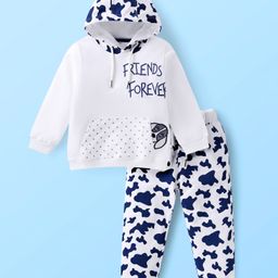 Kookie Kids Terry Knit Full Sleeves Winter Wear Hooded Sweatshirt & Lounge Pant Set With Leopard Print & Dog Patch - White-image-57