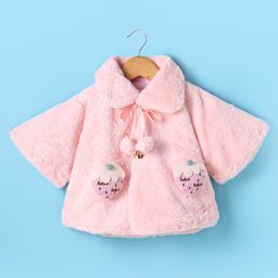 Babyhug Fur Woven Half Sleeves Winter Jacket with Strawberry Applique - Baby Pink-image-41