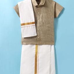 Dapper Dudes Half Sleeves Solid Shirt With Mundu & Angavastram Set - Fawn-image-84