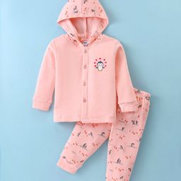 Tango Fleece Knit Full Sleeves Hooded Front Open Winter Night Suit With Penguins Print - Pink-image-54