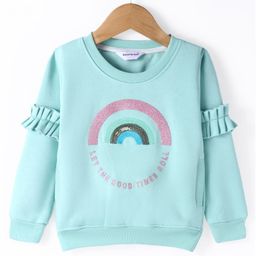 Smarty Girls Fleece Knitted Full Sleeves Sweatshirt With Text Print & Sequined Embroidery - Aqua Blue-image-76