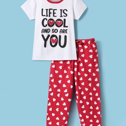 Honeyhap Premium Cotton Knit Half Sleeves Night Suit with Heart & Text Print - Bright White & High Risk Red-image-8
