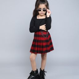 Taffykids Cotton Jersey Full Sleeves Crop Top With Chain Detailed Flannel Pleated Skirt Set - Black & Red-image-20