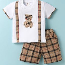 ToffyHouse Cotton Woven Half Sleeves T-Shirt & Shorts Set with Checks & Patch Detailing - Tan & White-image-79