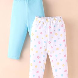 Wonderchild Pack Of 2 Floral Printed & Solid Leggings - Sky Blue & White-image-62