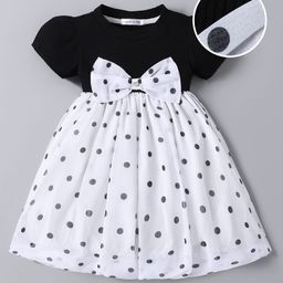Mark & Mia Half Sleeves Party Dress with Bow Applique & Polka Dots Print - Black & White-image-17