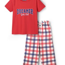 Pine Kids Cotton Knit Half Sleeves Capri Night Suit With Text Print - Red-picture-7