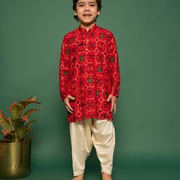 Vastramay Rayon Full Sleeves Patola Printed Kurta Patiala Set - Red-image-52