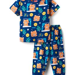 Babyhug Cotton Knit Half Sleeves Co-Ord Night Suit With AnimalPrint - Navy Blue-picture-22