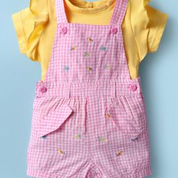 ToffyHouse Cotton Woven Striped Dungaree & Half Sleeves Inner Tee with Floral & Birds Embroidery - Yellow & Pink-image-81
