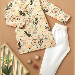 Desi Soota Cotton Full Sleeves Leaves Printed Coordinating Kurta Pyjama Set - Cream-image-91