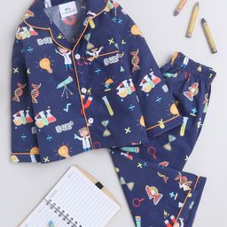 Knitting Doodles Pure Cotton Woven Full Sleeves Science Theme Printed Coordinating Shirt & Pajama Set - Dark Blue-image-120