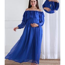 Shades of Sabi Georgette Off Shoulder Full Puffed Sleeves Sequins Embellished Maternity Dress With Nursing Access - Royal Blue-image-97