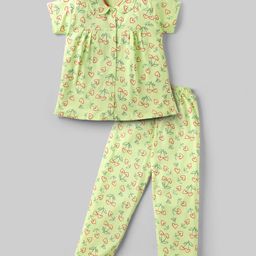 Evimo Single Jersey Knit Half Sleeves Co-ords Night Suit with Floral Print - Light Green-image-73