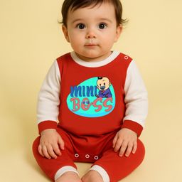 The Peppy Tend 100% Cotton Knit Full Sleeves Mini Boss Text Printed Romper - Red & White-image-26