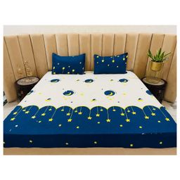 BHAIJI BEDSHEETS Glace Cotton Bed Sheet Double Bed With 2 Pillow Covers Kids Cartoon Prints - Moon star Good Night-image-20