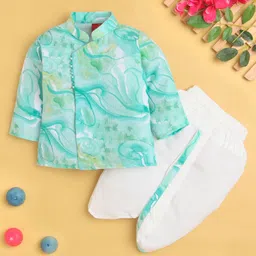 Jeet Ethnics Cotton Blend Knit Full Sleeves Marble Printed Dhoti Kurta Set - Turquoise-picture-6