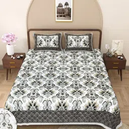 Butea Crape White & Green Floral Printed Cotton 144 TC King Bedsheet Set 2.40m x 2.15m-image-16