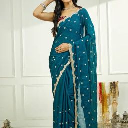 Satrani Blue Silk Blend Embroidered Saree With Unstitched Blouse-image-11