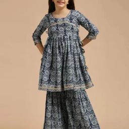 Jaipur Kurti Girls Navy Blue Cotton Printed Suit Sets-image-47